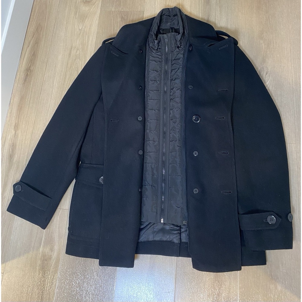 NWT Express‎ Double Breasted Wool Blend Peacoat Black Lined Preppy Coat Men L - Picture 2 of 10